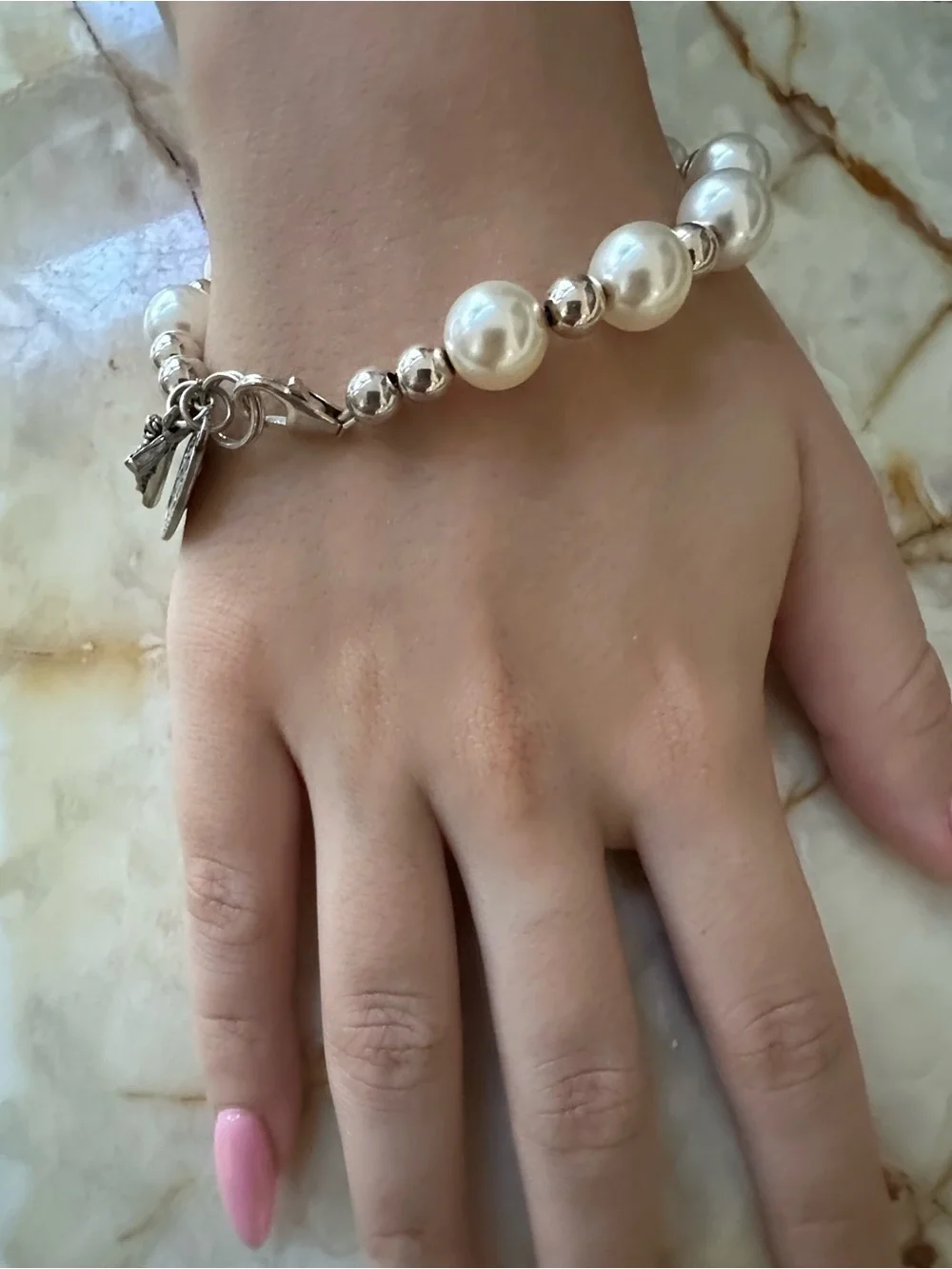 925 Sterling Silver Pearl and Silver Religious Charm Bracelet